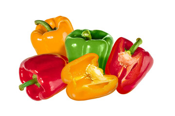Whole and halves of red, gren and yellow bell peppers isolated on transparent background. Fresh vegetable with green stem, perfect for healthy food, cooking, and vegetarian design concepts.