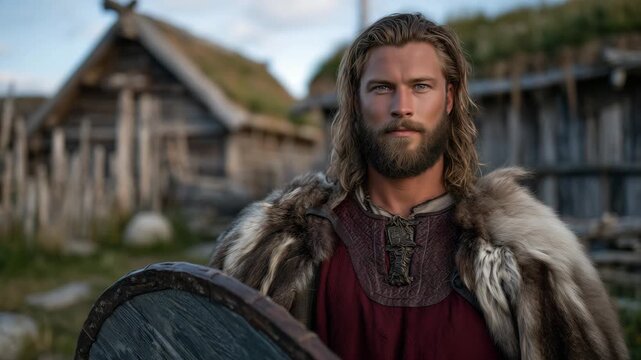 46Historical reenactor dressed as Viking warrior in red tunic and fur cloak, holding round shield, rustic timber village and grass roofs behind him, cinematic soft light