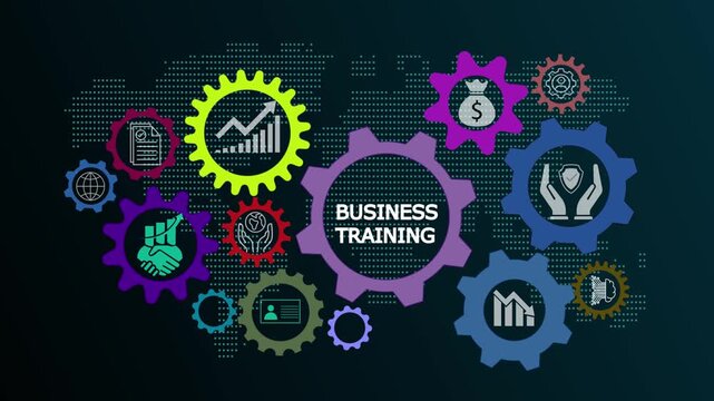 Business training animation video highlighting international standard organization education models, global technology networks, and internet-enabled professional development.