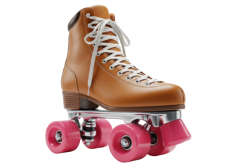 single vintage 1970s tan leather high-top quad roller skate with hot pink urethane wheels and chrome plate, isolated on white background, concept of active recreation and retro style