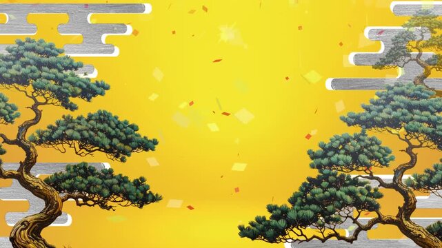 Elegant Japanese Painting Style New Year Animation with Pine and Confetti