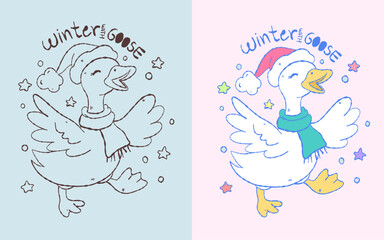 A cheerful winter goose wearing a hat and scarf, creating a festive holiday scene, Goose iilustration for postcard or shirt design, winter season