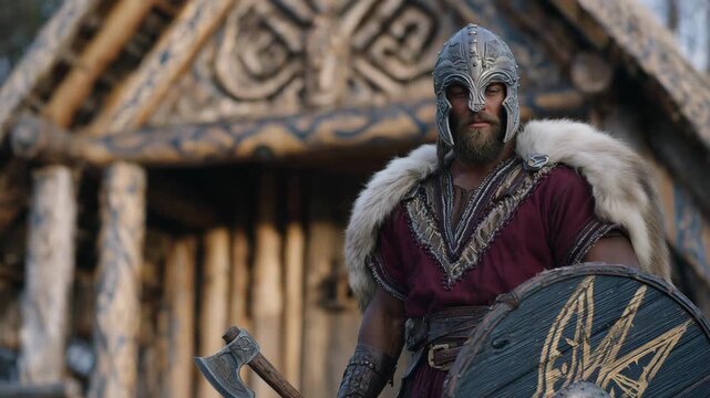 54Viking fighter in crimson tunic, holding battle-worn shield and axe, standing near carved longhouse entrance, sunlight filtering through cold mist, historical authenticity