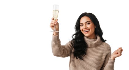 Young woman with dark wavy hair in a beige sweater toasting sparkling champagne, ecstatic smile, high-key studio portrait with copy space. Concept of success and celebration