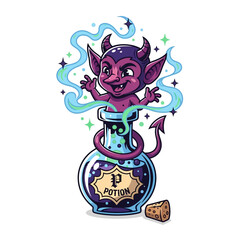 Cartoon devil emerging from a bubbling purple potion bottle with magical blue smoke and sparkling stars
