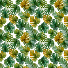 A vibrant seamless pattern featuring hand-painted watercolor monstera and tropical leaves in natural green and golden tones. Design for fabric, wallpaper, and home d&eacute;cor.
