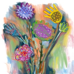 Vibrant abstract floral bouquet in painterly mixed media