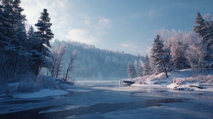 A winter landscape with a frozen river bend,