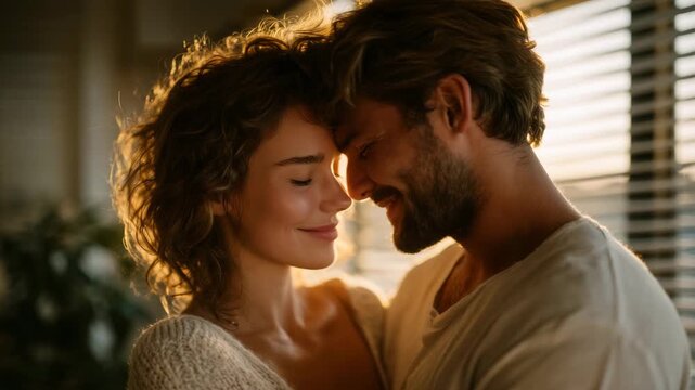 81Romantic scene of couple holding each other tenderly, eyes closed, sunlight filtering through window blinds, emotional intimacy in bright modern living room