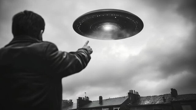 A man stands on a rooftop pointing at a UFO hovering above houses on a cloudy day