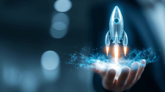 A hand holds a holographic rocket, symbolizing innovation and technology in a digital space