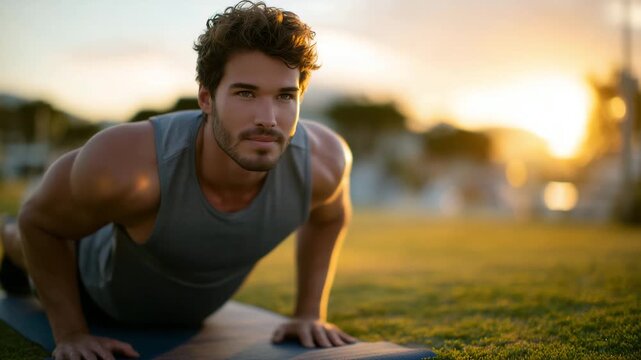 92Athletic man performing pushups on a yoga mat under warm sunset glow, golden hour lighting casting long shadows across grassy field, showcasing strength and focus in natural surrou