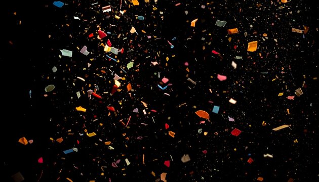 Multicolored confetti-like fragments dispersed against a stark, black background - Powered by Adobe