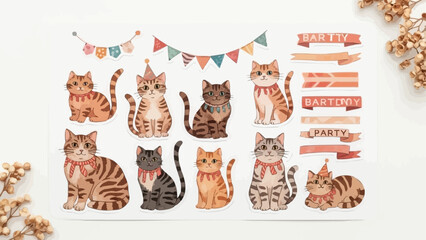 Adorable cat illustrations with party decorations and banners.