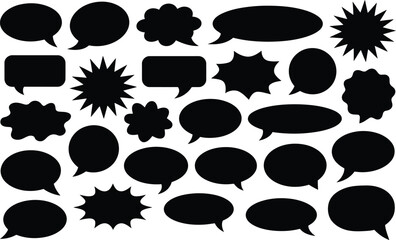 Collection of black silhouette comic speech bubbles and shapes