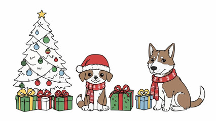 Festive Christmas Scene with Dogs, Tree, and Gifts.