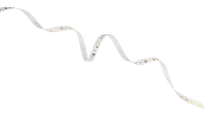 White ribbon satin bow curly scroll with snowflake ornament isolated on a transparent background. Full depth of field. PNG.