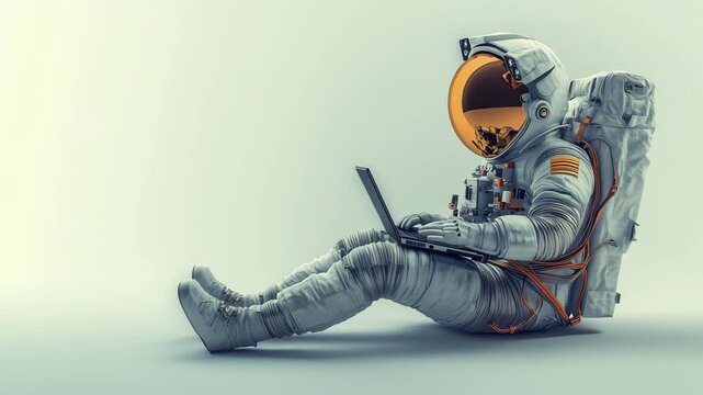 An astronaut sits on the ground using a laptop while surrounded by a sleek, futuristic backdrop