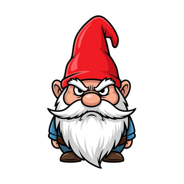 Angry cartoon garden gnome mascot with white beard and tall red hat illustration