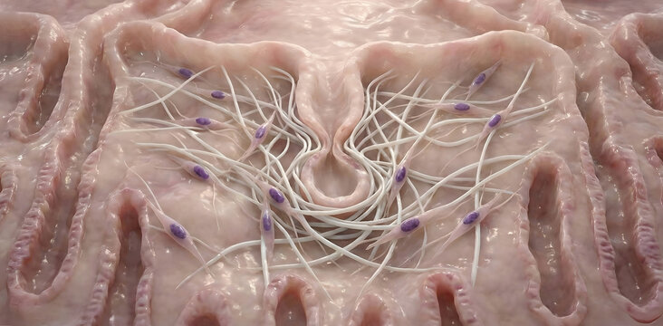Gastric Fibrosis Mechanism: Myofibroblasts Depositing Collagen Meshwork Causing Periglandular Constriction