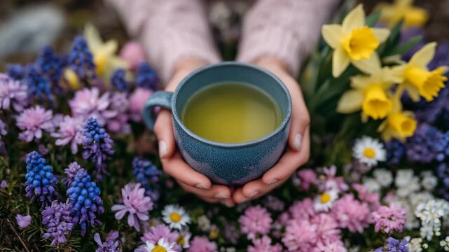 109Close-up of hands holding herbal tea surrounded by spring botanical elements