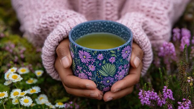 108Close-up of hands holding herbal tea surrounded by spring botanical elements