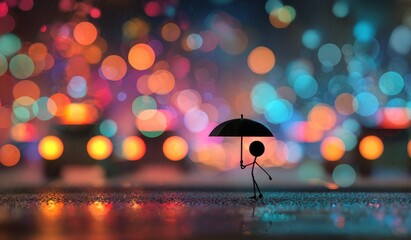 Abstract illustration of stick figure with umbrella in rainy city at night