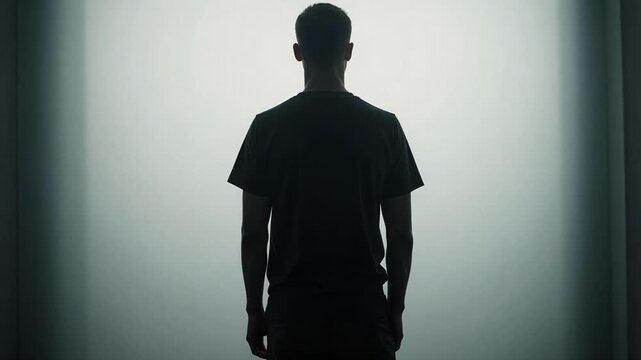 Silhouette of Mysterious Solitary Person Standing Perfectly Still in Deep Contemplation Against Bright Dramatic Backlight Background 4K
