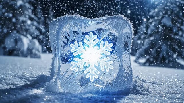 Glowing Snowflake in Ice Cube Winter Landscape - A frosty ice cube containing a glowing snowflake is prominently displayed in a cold winter landscape.