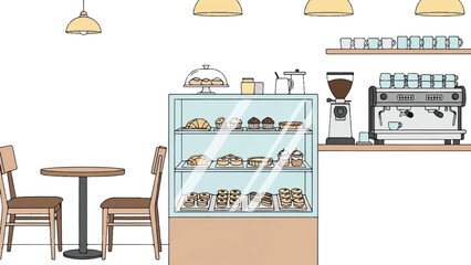 Fototapeta premium Coffee Shop Interior with Pastry Display, Tables, Espresso Machine, Modern Cafe Setting, Side View