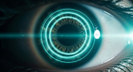 Close-up of human eye with digital overlay in futuristic style, perfect for science, technology themes.