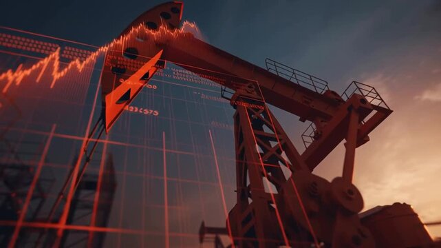 Crude oil pumpjack silhouette sunset with rising market graph overlay visualizing oil rig energy consumption data centers, infrastructure
