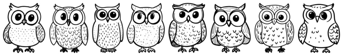 Set of hand drawn owl borders with cute cartoon birds and funny forest animal sketch vector dividers