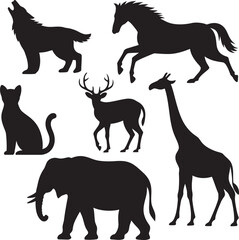 Animal silhouette collection featuring wolf horse deer cat elephant giraffe