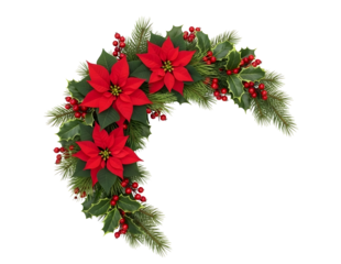 Christmas wreath crescent shape with poinsettias and pinecones isolated on transparent background