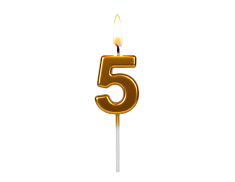 Golden number 5 birthday candle with flame isolated on transparent background - Powered by Adobe