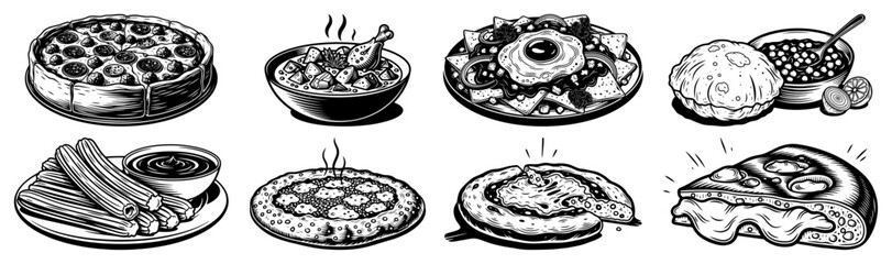 Set of hand drawn food illustrations with pizza churros stew and international meals vector sketches
