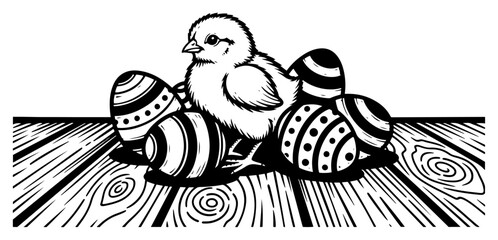 Hand drawn Easter chick with decorated eggs on wooden table vector illustration sketch style spring holiday composition
