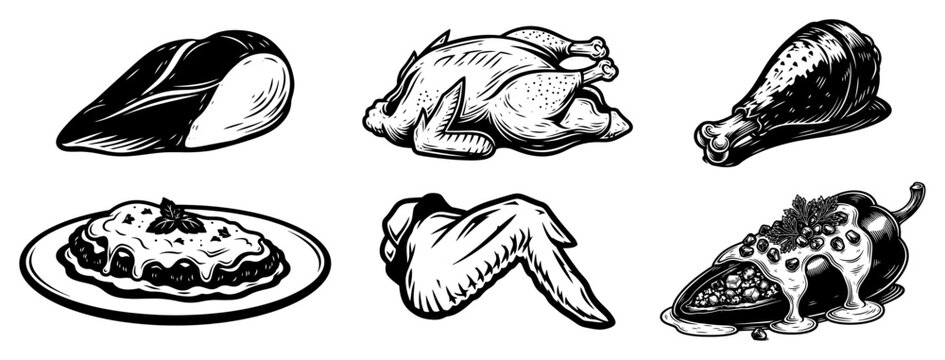 Hand drawn cooked chicken food set vector poultry meat collection with roasted turkey wing drumstick and stuffed pepper sketch
