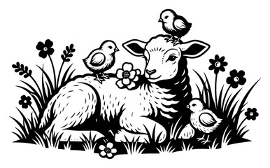 Fototapeta premium Hand drawn Easter lamb with little chicks and spring flowers vector silhouette illustration