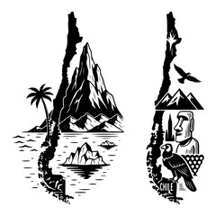 Hand drawn Chile map silhouette with landmarks vector travel illustration with Andes mountains Moai statue and condor