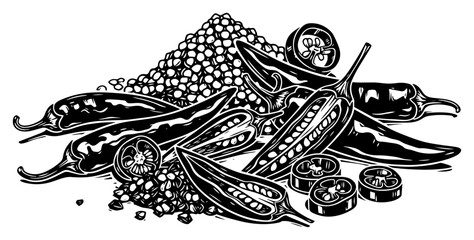 Hand drawn chili peppers pile with seeds and slices vector illustration in vintage woodcut style