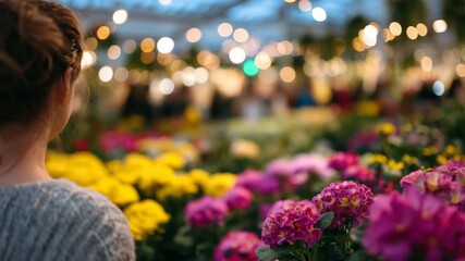 147Customer picking seasonal flowers at garden center under warm light