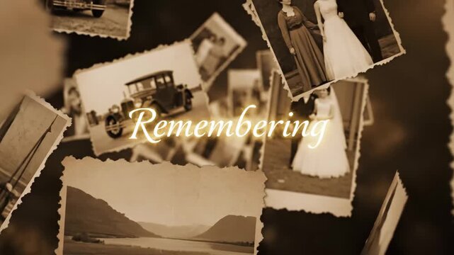 Vintage video Collage Remembering - A collage of vintage sepia photographs are displayed with soft focus, old cars, couples, and landscapes are shown.