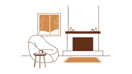 Cozy living room interior with bean bag chair and fireplace on a winter day illustration