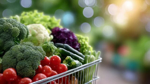 150Shopping cart full of fresh seasonal produce under soft sunny lighting