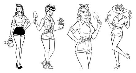 Set of retro pin-up gardener women characters with watering cans and plants in black and white vintage style