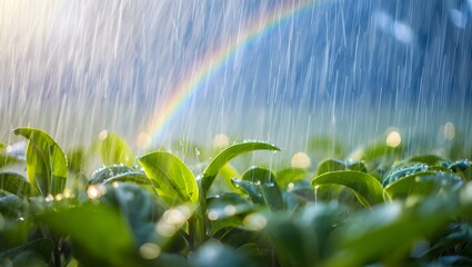 Obraz premium Gentle Spring Rain on Fresh Green Leaves with Emerging Rainbow