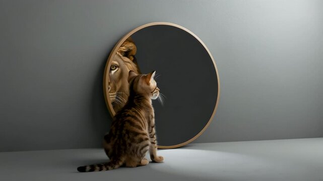 Curious striped cat staring into round mirror with lion reflection in minimal indoor setup evoking imagination and identity concept