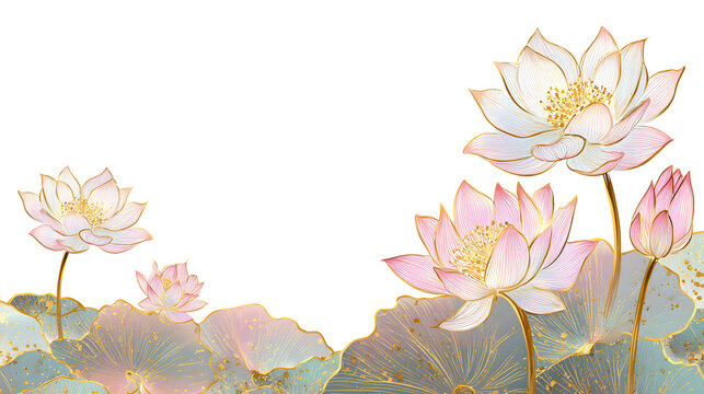 Lotus flower border with soft golden outlines with white background.